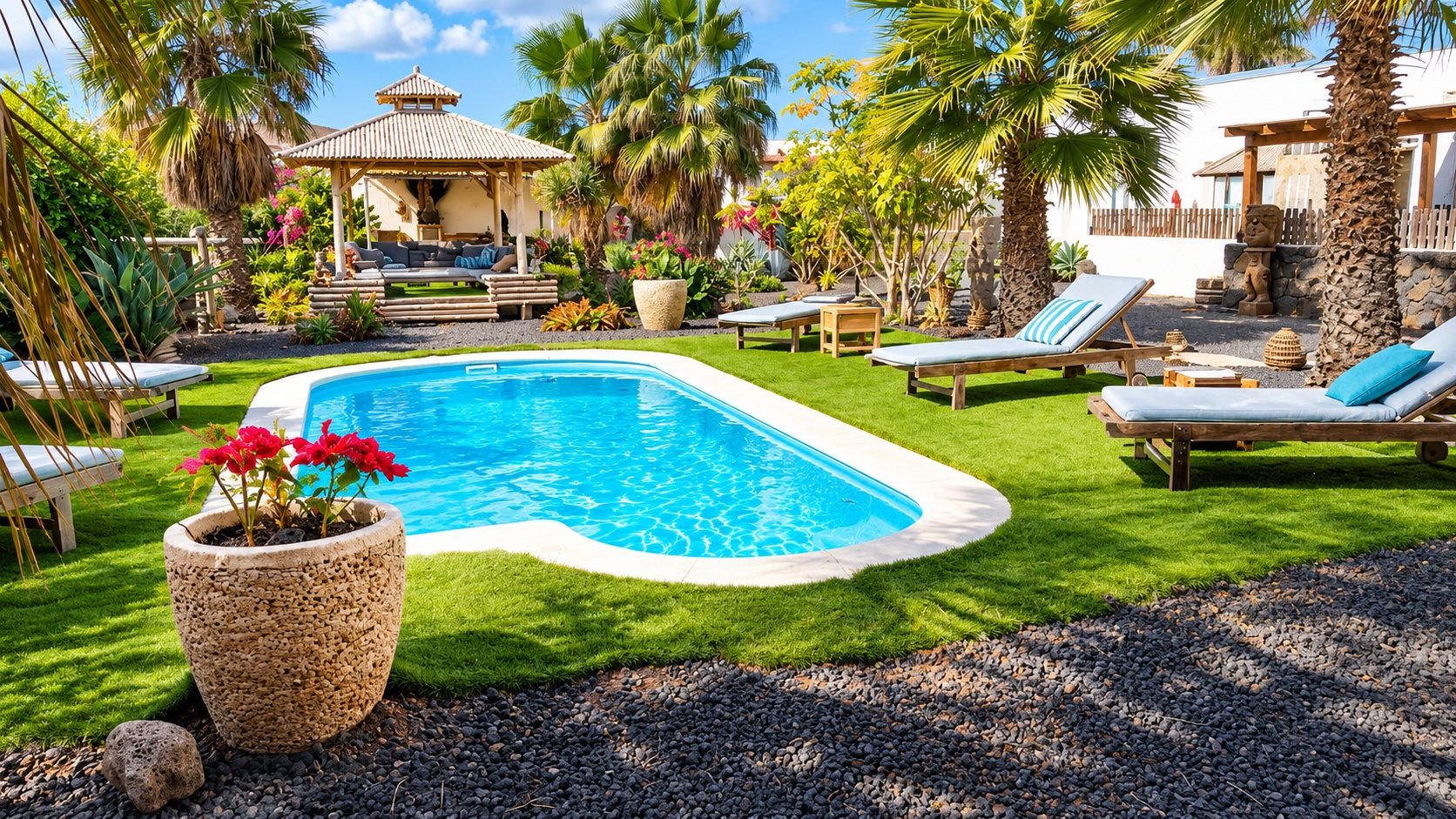 Tiki House holiday villa with shared pool and tropical garden in Lajares, Fuerteventura